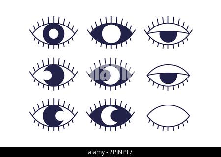 Set of esoteric eye with eyelashes and moon or sun as pupil. Moon eclipse inside eye. Esoteric, occult or spiritual symbol. Spiritual amulet in outlin Stock Vector