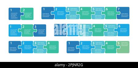 Steps infographics. Puzzle sequence. Two, three, four, five, six and seven elements of puzzle. Process, workflow infographics, plan elements. Presenta Stock Vector
