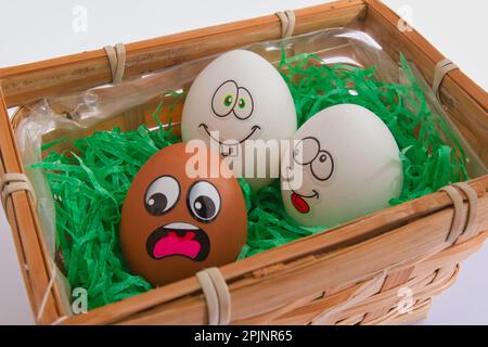 two white eggs bullying a brown one Stock Photo