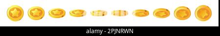 Set of rotating gold coins with star inside. Golden money set. Applicable for gambling games, jackpot or video games illustration. Can be used for vid Stock Vector