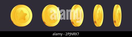 Set of rotating gold coins with star inside. Golden money set. Applicable for gambling games, jackpot or video games illustration. Can be used for vid Stock Vector