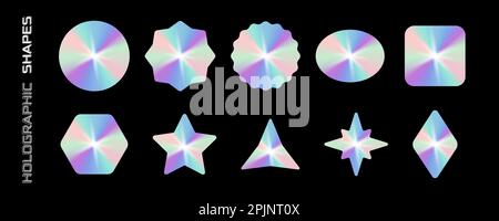 Holographic stickers collection. Set of holographic shapes. Shiny gradient label. Metal foil sticker. Applicable for 90s design or award certificate d Stock Vector