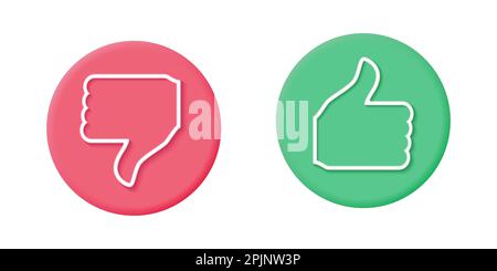 Like and dislike button. Red and green circle button. Hand with thumbs up symbol. 3d rendering icon. Social media symbol. Ok symbol or like sign. Outl Stock Vector