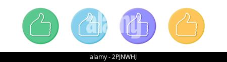 Like 3d button. Green, blue, purple and yeollow circle button. Hand with thumbs up symbol. 3d rendering icon. Social media symbol. Ok symbol or like s Stock Vector