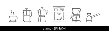Set of coffee brewing devices like geyser coffee maker, espresso coffee machine, plunger and turkish pot like cezve. Outline icons. Vector illustratio Stock Vector