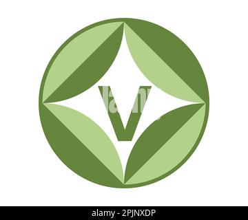 Vegan label with leaves and letter V inside circle. Vegan symbol. Organic, eco product label. Natural, healthy food icon. Vegetarian food symbol. Vect Stock Vector