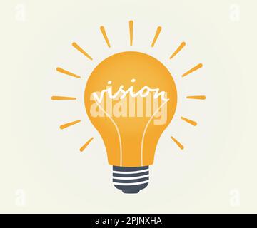 Vision word as glower inside the light bulb or lamp. Rays around the lamp as exclamation maks. Vision concept. Lightbulb symbol. Vector illustration Stock Vector