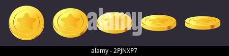 Set of rotating gold coins with star inside. Golden money set. Applicable for gambling games, jackpot or video games illustration. Can be used for vid Stock Vector