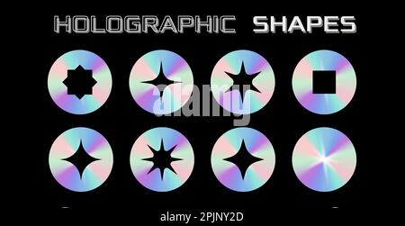 Holographic stickers collection. Set of holographic shapes. Shiny gradient label. Metal foil sticker. Applicable for 90s design or award certificate d Stock Vector
