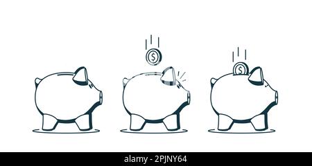 Piggy bank with falling coin inside the slot. Outline piggy bank symbol. Money savings, budget planning, bank deposit, investment, finance planning co Stock Vector