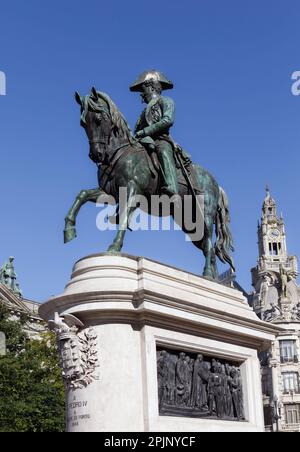 Porto, Portugal.  Monument to King Pedro IV in Liberdade Square by French sculptor Celestin Anatole Calmels, 1822 - 1906. Stock Photo