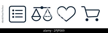 Set of ui icons for internet shop. Compare icon, shopping cart icon, favorite icon, menu symbol. E-commerce signs. 48 48 pixel perfect. Vector illustr Stock Vector