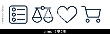 Set of ui icons for internet shop. Compare icon, shopping cart icon, favorite icon, menu symbol. E-commerce signs. 48 48 pixel perfect. Vector illustr Stock Vector