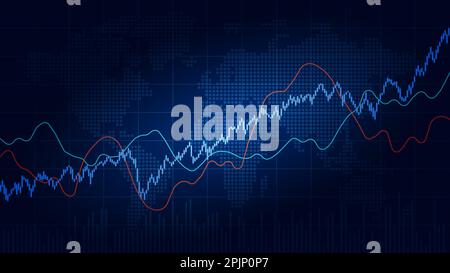 World stock market index graph. Candlestick chart, line graph and bar chart. Stock market growth illustration. Financial market background. Blue color Stock Vector