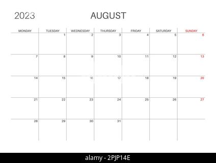 Horizontal monthly calendar. August calendar template. Monday start. A4  size. Simple, minimalist design. 2023 year. Monthly planner. Vector Stock  Vector Image & Art - Alamy