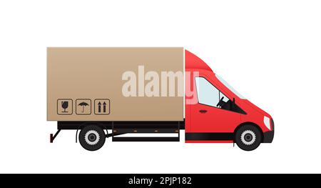Delivery truck with carton delivery box as container. Shipping, transportation service illustration. Shipping by van or truck. Vector illustration Stock Vector