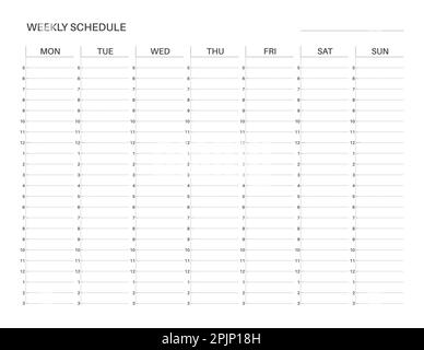 Weekly schedule template. Weekly printable planner. Horizontal Letter size. Monday start. Simple, minimalist design. Vector Stock Vector