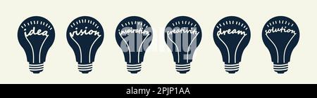 Set of light bulbs. Idea, solution, inspiration, creativity word as glower inside the light bulb or lamp. Rays around the lamp as exclamation maks. Dr Stock Vector