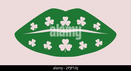 Lucky kiss. Green lips with shamrock. Irish kiss. 3 leaf clover. St Patricks day clipart. Vector illustration Stock Vector
