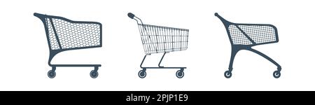 Set of flat metallic supermarket pushcart. Side view silhouette of metallic shopping cart, plastic trolley. Vector illustration Stock Vector