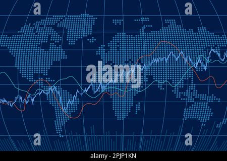 World stock market index graph. Candlestick chart, line graph and bar chart. Stock market growth illustration. Financial market background. Blue color Stock Vector