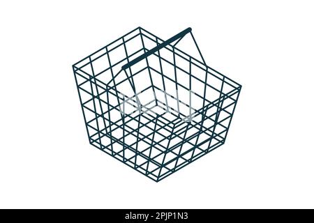 Empty isometric wire supermarket shopping basket. Store basket on white isolated background. Metal shopping cart. Vector illustration. Stock Vector