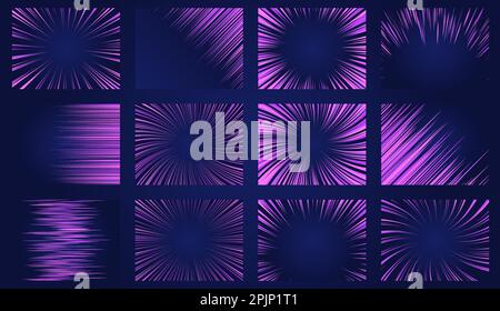 Set of futuristic neon backgrounds. Neon rays. Abstract circular space backgrounds. Comic. Energy or speed concept. Neon Light. Laser rays. Night sky. Stock Vector