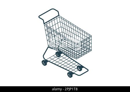 Isometric wire shopping cart. Empty red colored pushcart or shopping cart on isolated background. Isometric trolley cart. Vector illustration Stock Vector