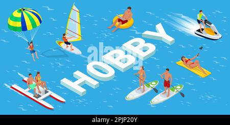 Isometric Hobby concept. Sports. Surfer on Blue Ocean Wave. Fun in the ocean, Extreme Sport, water skiing. Active summer vacations with paddle board Stock Vector
