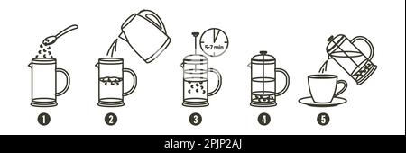 Tea or coffee brewing instruction. Tea, coffee making, brew process icons. Hot drink brew instruction. Cup, mug, kettle, teapot, french press icons. H Stock Vector