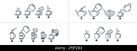 Tea and coffee brewing instruction. Tea, coffee making, brew process icons. Hot drink brew instruction. Cup, mug, kettle, teapot icons. How to make ho Stock Vector