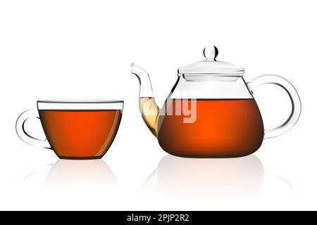 Glass cup of tea and glass teapot. Hot drink in the transparent cup on isolated background. Realistic vector illustration Stock Vector