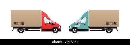 Delivery truck with carton delivery box as container. Red and blue cabin. Shipping, transportation service illustration. Shipping by van or truck. Vec Stock Vector