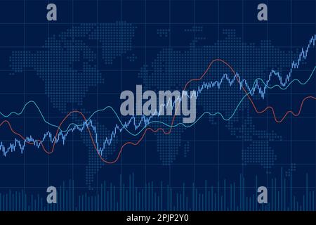 World stock market index graph. Candlestick chart, line graph and bar chart. Stock market growth illustration. Financial market background. Blue color Stock Vector