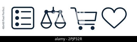 Set of ui icons for internet shop. Compare icon, shopping cart icon, favorite icon, menu symbol. E-commerce signs. 48 48 pixel perfect. Vector illustr Stock Vector