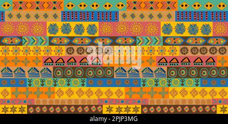 African seamless pattern with colored symbols and motifs Stock Vector