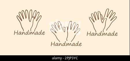 Handmade icon. Two hands with handwritten typography. Handmade emblem. Hand made symbol. Vector illustration Stock Vector