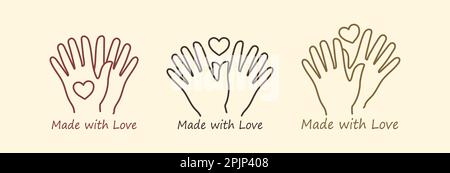 Handmade icon. Two hands with handwritten typography. Handmade emblem. Hand made symbol. Vector illustration Stock Vector