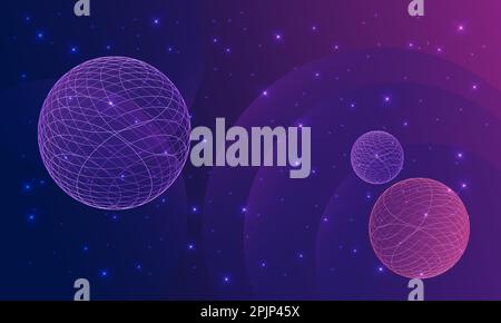 Blue and purple virtual space with planets and stars. and gradient colour waves. Digital world, futuristic background. Stock Vector