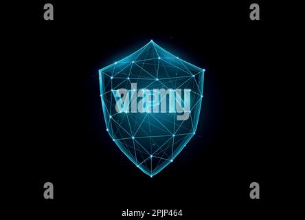 Polygonal VPN shield vector illustration on dark blue background, Virtual Private Network low poly design. Stock Vector