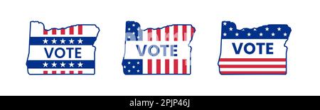 Set of 2022 midterm vote sticker. Oregon state map with vote word. US state map. Oregon silhouette with stars and stripes of american flag. Vector ill Stock Vector