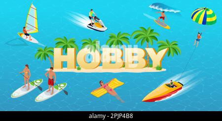 Isometric Hobby concept. Sports. Surfer on Blue Ocean Wave. Fun in the ocean, Extreme Sport, water skiing. Active summer vacations with paddle board Stock Vector