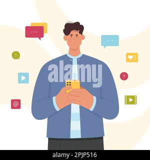 Person using apps in smartphone vector illustration. Cartoon young man holding phone surrounded by icons of different mobile applications, social media messages and notification, video and email Stock Vector