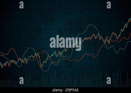 World stock market index graph. Candlestick chart, line graph and bar chart. Stock market growth illustration. Financial market background. Dark Blue Stock Vector