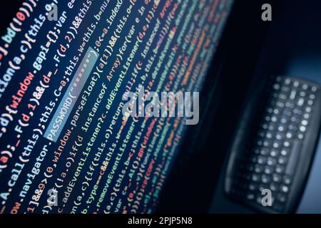 Cyber security threat. Computer screen with programming code. Internet and network security. Stealing private information. Using technology to steal p Stock Photo