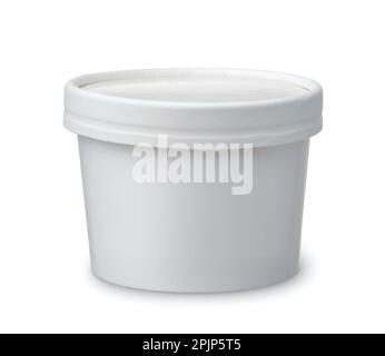 Front view of white disposable paper cup with paper lid isolated on white Stock Photo