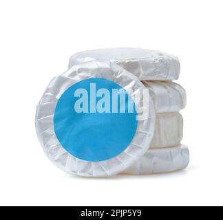 Stack of pleated wrapped round hotel soap isolated on white Stock Photo