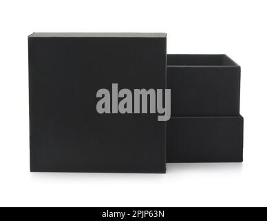 Front view of open black paper gift box with blank lid isolated on white Stock Photo