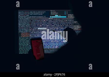 Man using computer and programming  to break code. Cyber security threat. Internet and network security. Stealing private information. Person using te Stock Photo