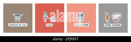 Waste sorting classification in Spanish. Translation - coffee capsules, batteries, used cooking oil, other waste. Cute kawaii trash characters. Vector Stock Vector